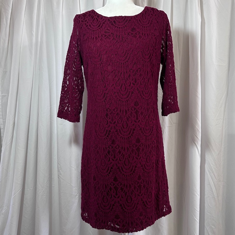 RN Studio Ronni Nicole Womens Burgundy Lace Sheath Dress 3/4 Sleeve Sz 12 Party - Picture 2 of 9
